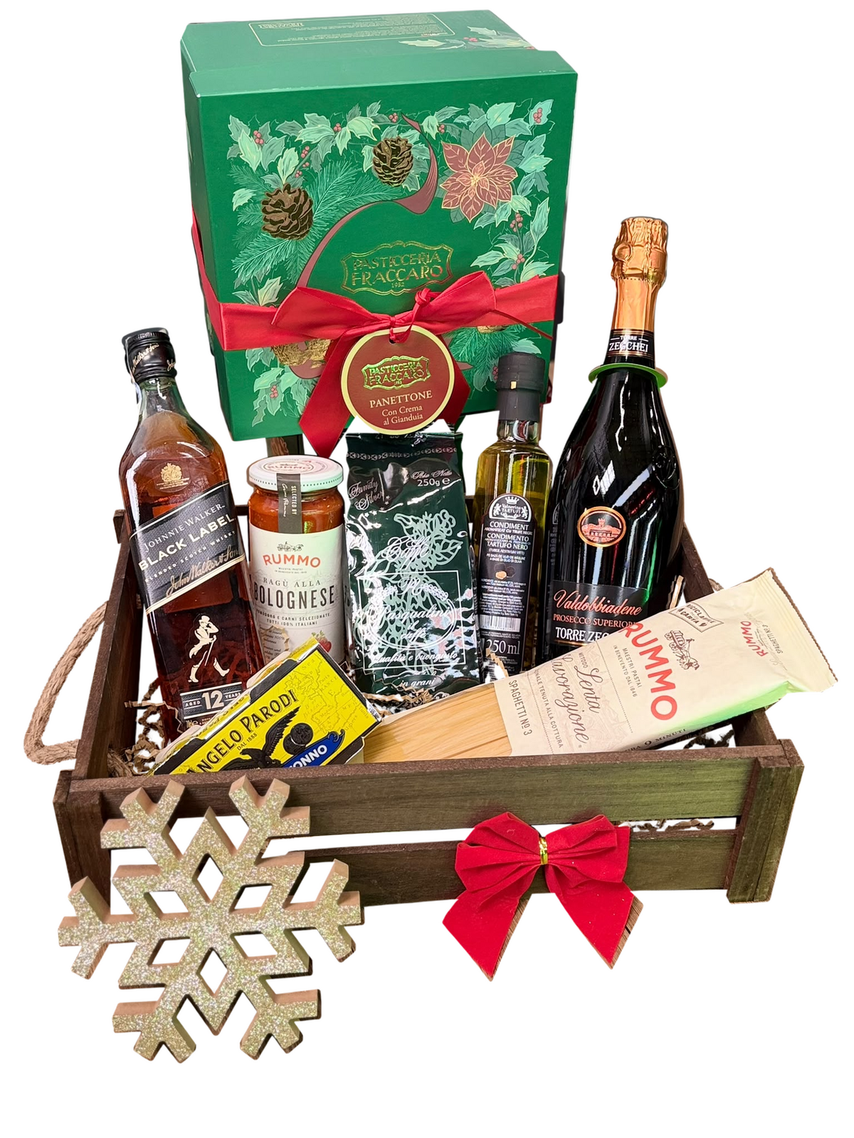 SELECTED Signature în ladă din lemn: whisky, prosecco, panettone și delicatese, cu fulgi de nea aurii și fundă roșie.